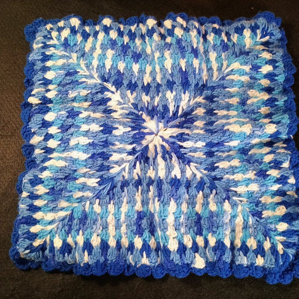 EUC: Handmade 18x18 in Blue White Crocheted Textured Boho Pillow Cover